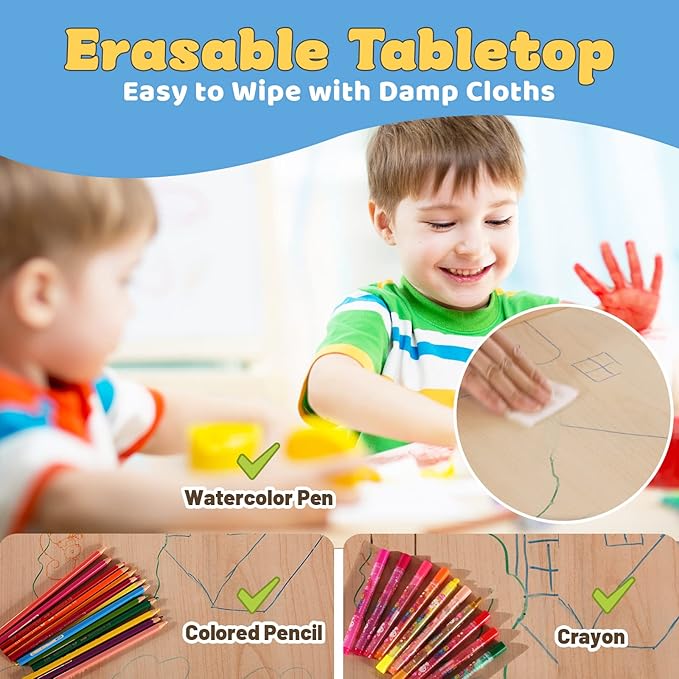 FUNLIO Kids Table and 2 Chairs Set, Height Adjustable Toddler Table and Chair Set for Ages 3-8, Easy to Wipe Arts & Crafts Table, for Classrooms/Daycares/Homes, CPC & CE Approved (3pcs Set) - Blue