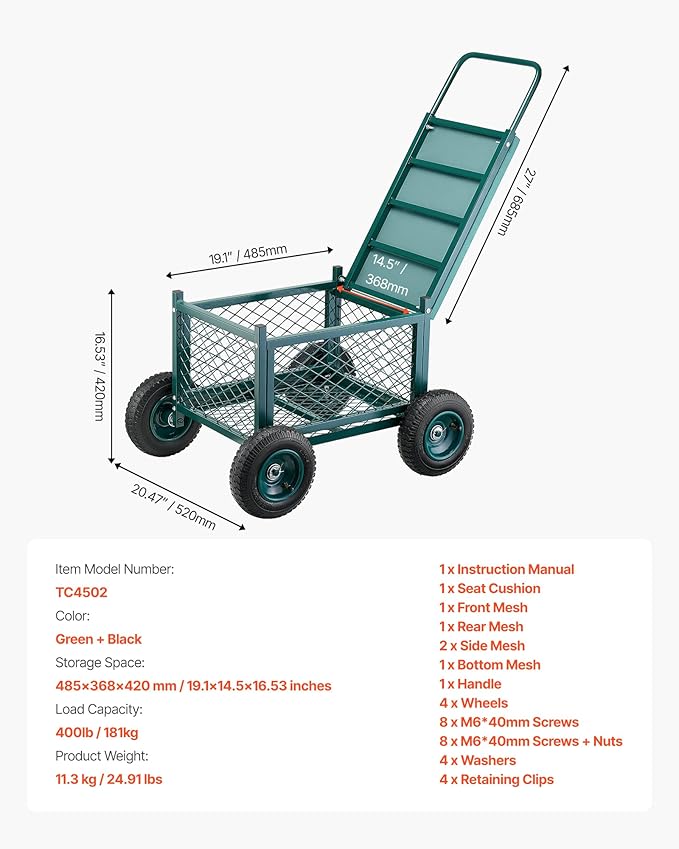 VEVOR Rolling Garden Cart with Seat, Metal Rolling Garden Work Seat with Wheels, Supports up to 400 LBS, Heavy Duty Gardening Cart Scooter, Outdoor Wagon & Stool on Wheels for Lawn, Patio, Backyard