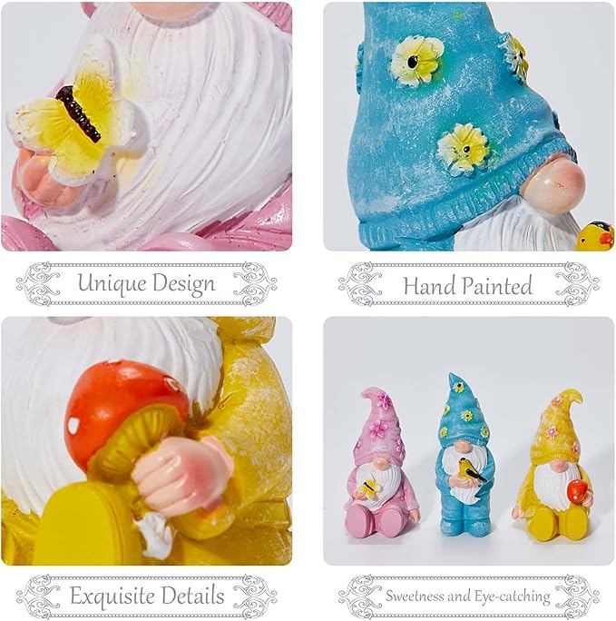 Artpaul 3 Pcs Gnomes Decorations Figurine Resin Statues,Cute Mushroom Bird Butterfly Gnomes for Home Table Shelf Gift Décor Accents (Multicolor)