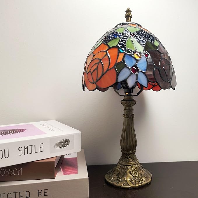 Small Tiffany Table Lamp 8 Inch Tiffany Style Desk Lamp Stained Glass Antique Light Decoration Bedroom Bedside Lamp Retro Reading Lamps (Red Roses Flowers Style)