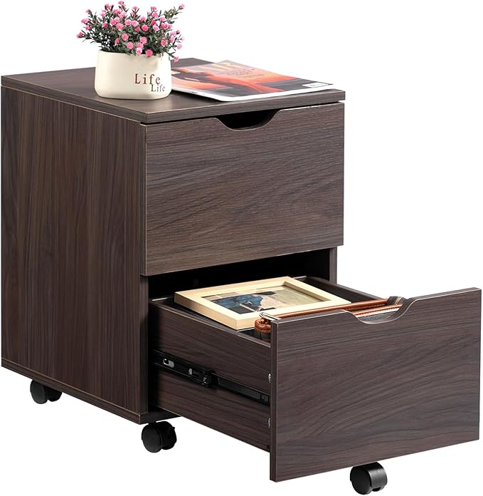 HollyHOME Under Desk Cabinet, Deep 2-Drawer Mobile Wood Cabinet, Storage Drawer for Home, Rolling Shelf for Office, Rolling Printer Stand, for A4, Modern, Dark Brown