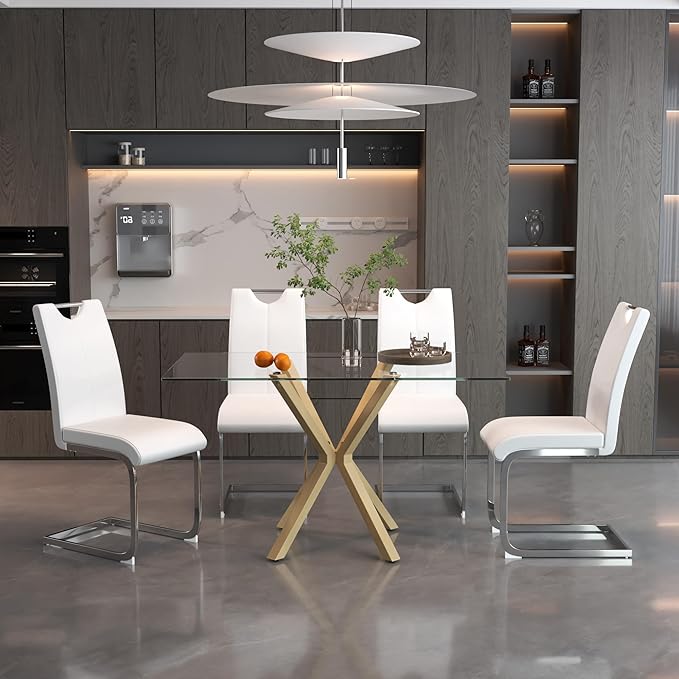Tempered Glass Dining Table for 4, 48 Inch Rectangular Kitchen Table with Gold Metal Legs Modern Style Dinner Table for Dining Room Kitchen