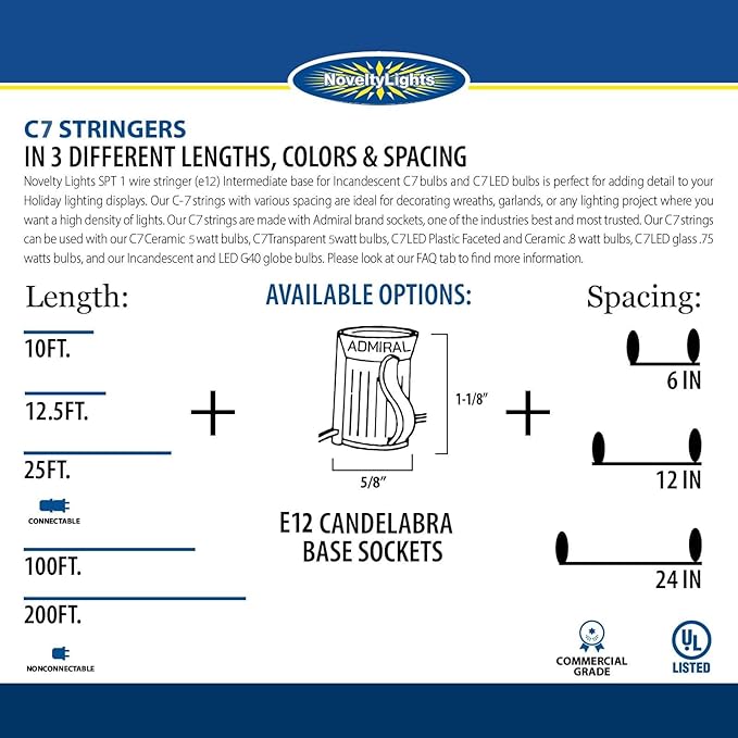 Novelty Lights 25 Foot C7 Outdoor String Light Christmas Stringer - Patio String Lights - Candelabra Base (C7/E12) - 12" Spacing - Black Wire