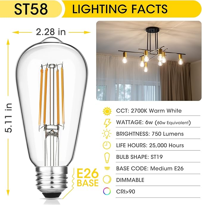 Gozelux Vintage LED Edison Bulbs, 6W, Equivalent 60W, Dimmable, High Brightness Warm White 2700K, ST58 Antique LED Filament Bulbs with 90+ CRI, E26 Medium Base, Clear Glass, Pack of 16