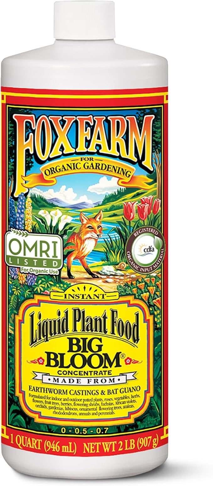 FoxFarm - Big Bloom Plant Food, Liquid Fertilizer Concentrate for Flowers, Fruits, and Vegetables, All Purpose Plant Fertilizer for Indoor & Outdoor Potted Plants, NPK 0-0.5-0.7 (Quart)