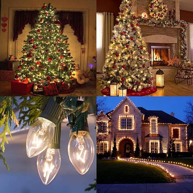 C7 Christmas Lights Outdoor, 25Ft Outdoor Christmas String Lights with 25 Warm White Incandescent Bulbs, Hanging Vintage Christmas Decorations Light for Roofline House Garden Patio Backyard