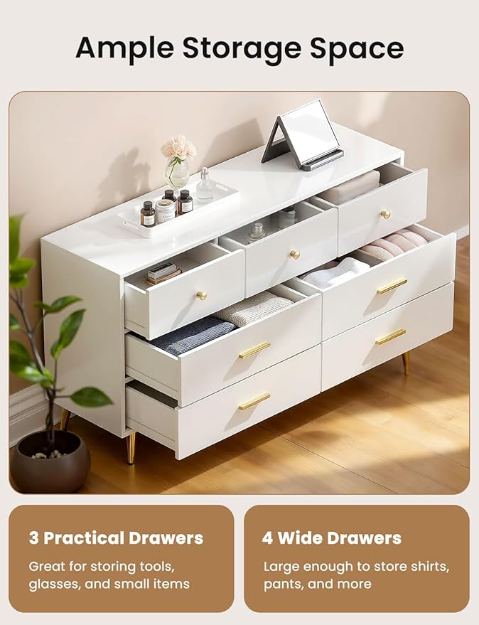 7 Drawer Dresser for Bedroom - White & Gold Chest of Drawers, High Gloss MDF Organizer Storage with Drawers with Golden Handles, Wide Storage Dresser for Bedroom