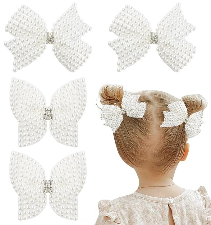 4Pcs Pearl Hair Bows for Girls, White Butterfly Flower Hair Bow Clip Wedding Hair Accessories for Baby Infants Toddlers Kids (Small size)