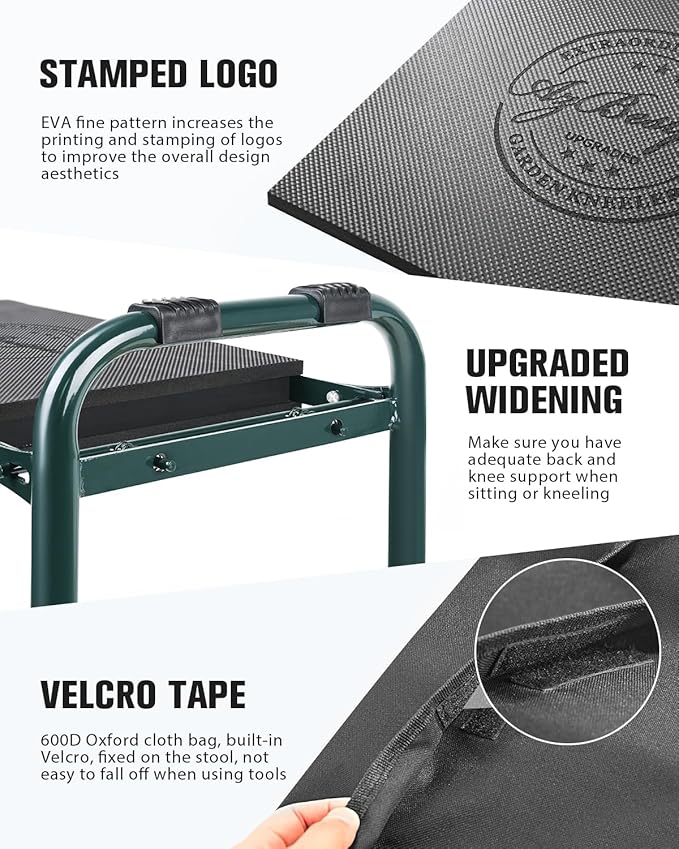 Garden Kneeler and Seat Heavy Duty, Upgraded Foldable Gardening Stool - Widened to 10" Stable Wear-resistant Prevent Knee and Back Pain, Beautiful Logo high-end 2 Large Tool Bags Gift for Women