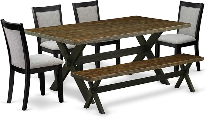 East West Furniture X677MZ606-6 6 Piece Dinette Set Contains a Rectangle Dining Table with X-Legs and 4 Shitake Linen Fabric Parson Chairs with a Bench, 40x72 Inch, Multi-Color