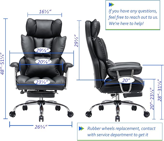 Efomao Desk Office Chair 400LBS, Big and Tall Office Chair, PU Leather Computer Chair, Executive Office Chair with Leg Rest and Lumbar Support, Black Office Chair