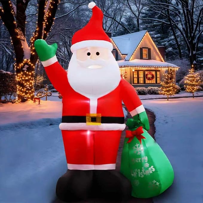 8FT Christmas Inflatables Santa Claus with Gifts Bag Inflatable Christmas Outdoor Decoration IP44 Xmas Blow up Santa Claus with Built-in 4 LED Lights Large Blow up Santa for Outdoor、Indoor、Yard Party