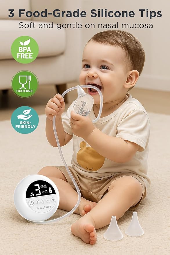 Koalababy Electric Nasal Aspirator for Baby – Hospital-Grade Nose Suction, 9 Suction Levels, Baby Nose Sucker, Nasal Cleaner, Night Light & Music, Soft Silicone Tips, Travel Bag