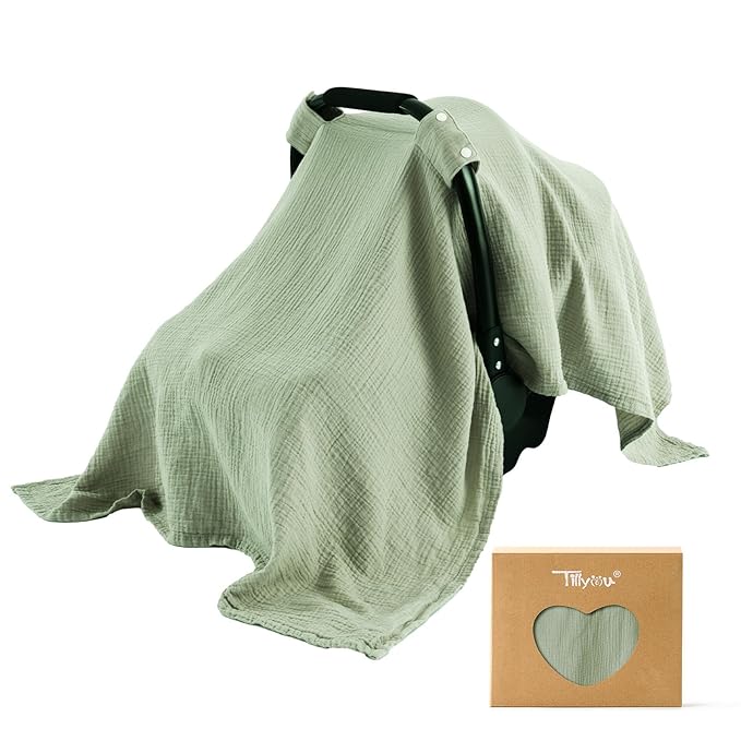 TILLYOU Baby Car Seat Cover, Breathable Muslin Cotton Infant Car Seat Cover, Lightweight Canopy with Sun and Bug Protection(Green)
