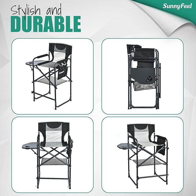 SUNNYFEEL Tall Camping Directors Chair, Portable Folding Artist Makeup Chair with Side Table, Pocket, Footrest, Heavy Duty for Beach,Trip,Picnic,Concert Outdoor Foldable Camp Lawn Chairs