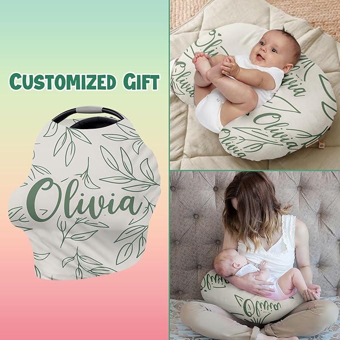 Custom Car Seat Covers for Babies - Breathable Baby Car Seat Cover for Girls Boys, Green Leaf Kick-Proof Newborn Carrier Canopy Stretchy Stroller Cover for 4 Seasons