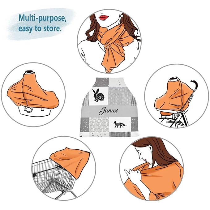 Personalized Baby Name Car Seat Covers for Girls Boys Babies Infant - Customized Cartoon Animal Nursing Cover Breastfeeding Scarf, Multiuse Carseat Cover, Infant Car Canopy