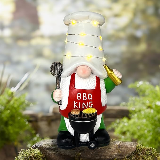 BAYN Garden Gnome Statues Outdoor Decor, Solar Powered Outdoor Gnome with BBQ Grill Decorative Yard Garden Lights Art Gifts with 11 Warm White LEDs