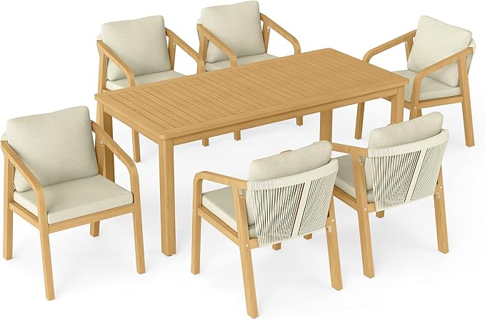 7-Piece Outdoor Dining Set for 6 with 23" Extra Wide Chair and Cushion，Patio Table and Chairs Set with All Acacia Wood Frame, All-Weather PE Rattan Outdoor Patio Furniture Set for Lawn Garden, Beige