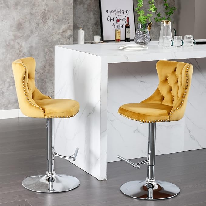 PacknWood Acosure Swivel Velvet Bar Stools Adjusatble Seat Height from 25-33" with Backs Comfortable Tufted,Modern Upholstered Chrome Base BarChairs for Home Pub Kitchen,Gold,Set of 2