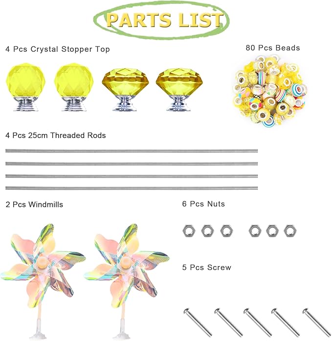 101 PCS Beaded Garden Stakes Kit, DIY Fairy Wand Garden Stake Beads Kits with Yellow Large Hole Beads 4 Crystal Stopper Top Threaded Rods and 2 Colored Small Windmills for Outdoor Indoor Decor