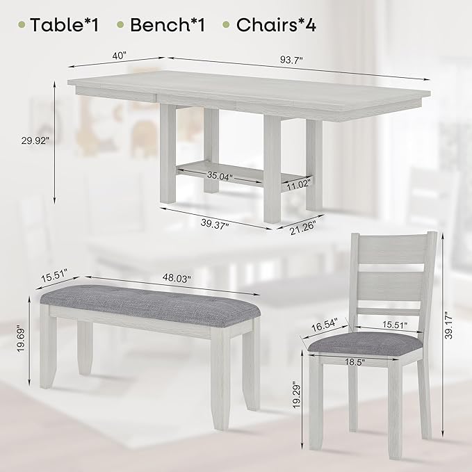6-Piece Solid Wood Dining Table Set for 6, Extendable Table with 4 Upholstered Chairs and 1 Bench– Easy Assembly for Indoor Use, Kitchen, Dining Room, Grey
