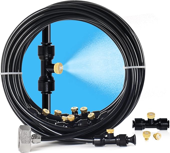 Bonviee Misters for Outside Patio, 26FT (8M) Patio Misting System, Outdoor Misters for Patio Cooling, 7 Brass Mist Nozzles, 3/4" Adapter, DIY Water Misters for Cooling Outdoor Garden Greenhouse
