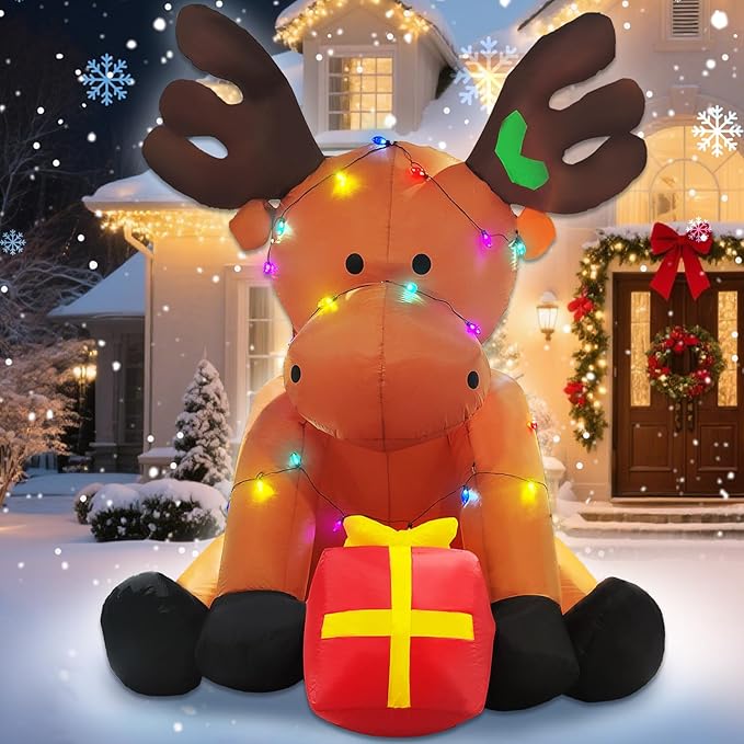 Christmas Inflatable Outdoor Decorations, 8 FT Giant Inflatables Reindeer Yard Decor with Colorful String Lights, Blow up LED Lights Holiday Decorations for Indoor Outside Lawn Garden