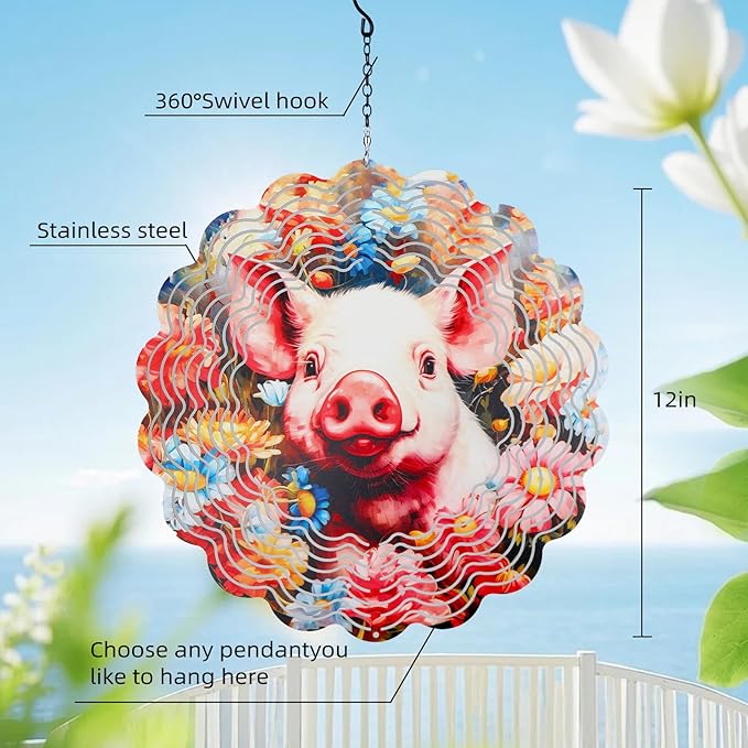 Pig Metal Wind Spinners Outdoor,Hanging Wind Spinner Garden Decor Birthday Gifts for Women Men,12 inch 3D Kinetic Sculpture for Backyard,Porch,Yard,Patio,Outside Decorations