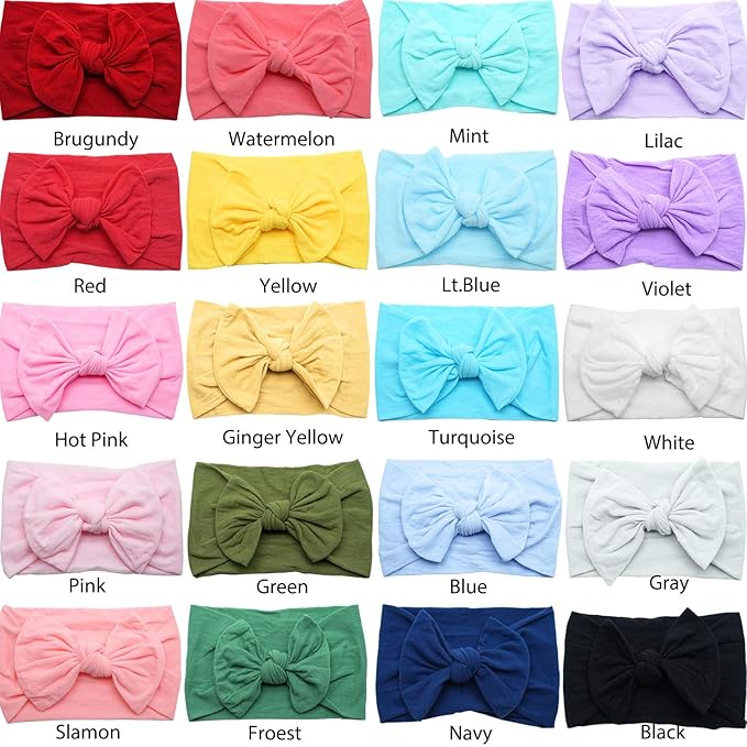 CÉLLOT 20 Colors Super Stretchy Soft Knot Baby Girl Headbands with Hair Bows Nylon Head Wrap For Newborn Baby Girls Infants Toddlers Kids