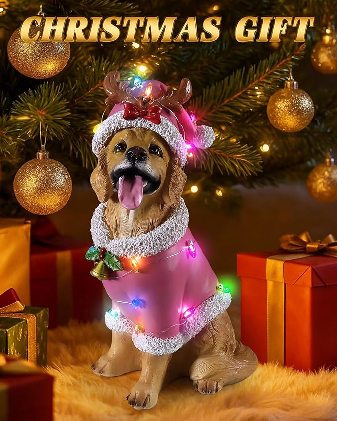 Christmas Outdoor Decoration Dog Statue, LED Light Cute Golden Retriever Dog Sculpture with Pink Santa Outfit & Lights for Garden and Yard, Indoor Holiday Décor Gift for mom and dad