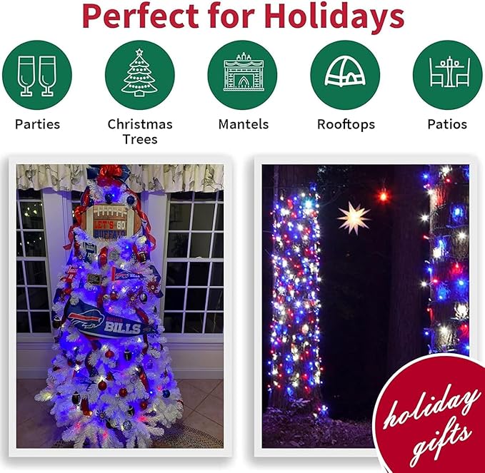 LAMPHOME 33ft Red White Blue String Lights, 100LED 4th of July Patriotic Fairy Lights Plug in,16 Lighting Modes with timer Starry Lights for Outdoor Tree Independence Day Memorial Day tree Party Decor
