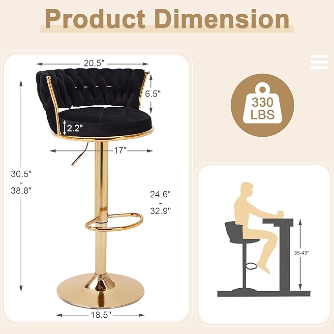 VECELO Bar Stools Set of 2, Adjustable Barstools Counter Height Stools with Back and Arm, Velvet Woven Kitchen Island Stools w/Gold Metal Leg & Base, 360° Swivel Bar Chair for Pubs Dining Room, Black