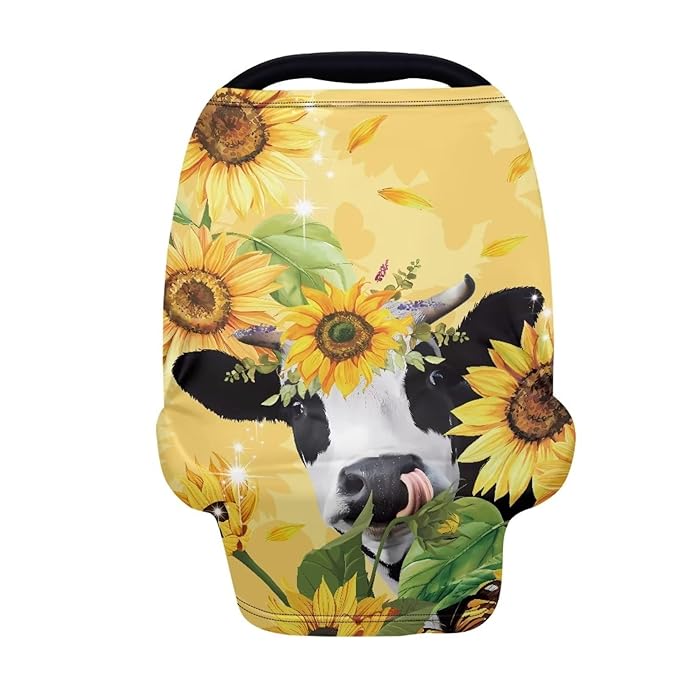 GIFTPUZZ Yellow Sunflower Cow Nursing Cover for Baby Breastfeeding, Baby Carseat Canopy for Spring Autumn Winter, Infant Car Canopy Breathable Windproof Universal Fit