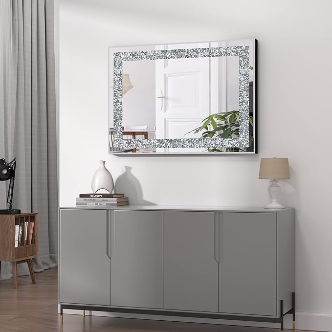 Crystal Decorative Mirror-28 x20 Rectangle Gorgeous Silver Mirror, Crush Diamond Mirror for Wall Decoration Bedroom, Hallway, Dining Room