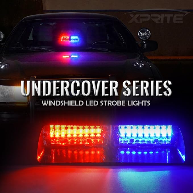 Xprite Red Blue LED Emergency Dash Strobe Light, Interior Windshield Safety Warning Police Lights w/Suction Cups, 12V Windshield Visor Light Bar for Police Law Enforcement Firefighter Vehicles Trucks
