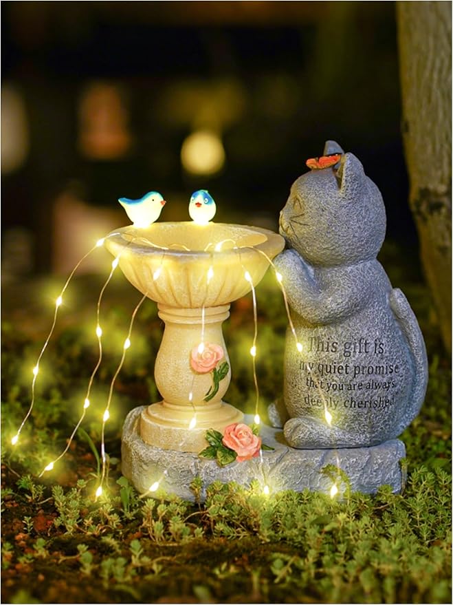 Garden Decor Cat Birdbath Statues, Solar Statues Decor with Butterfly Garden Decor for Home House, Yard Art Lawn, Ornaments, Porch Patio, Balcony - Birthday Gifts for Grandma Mom Women