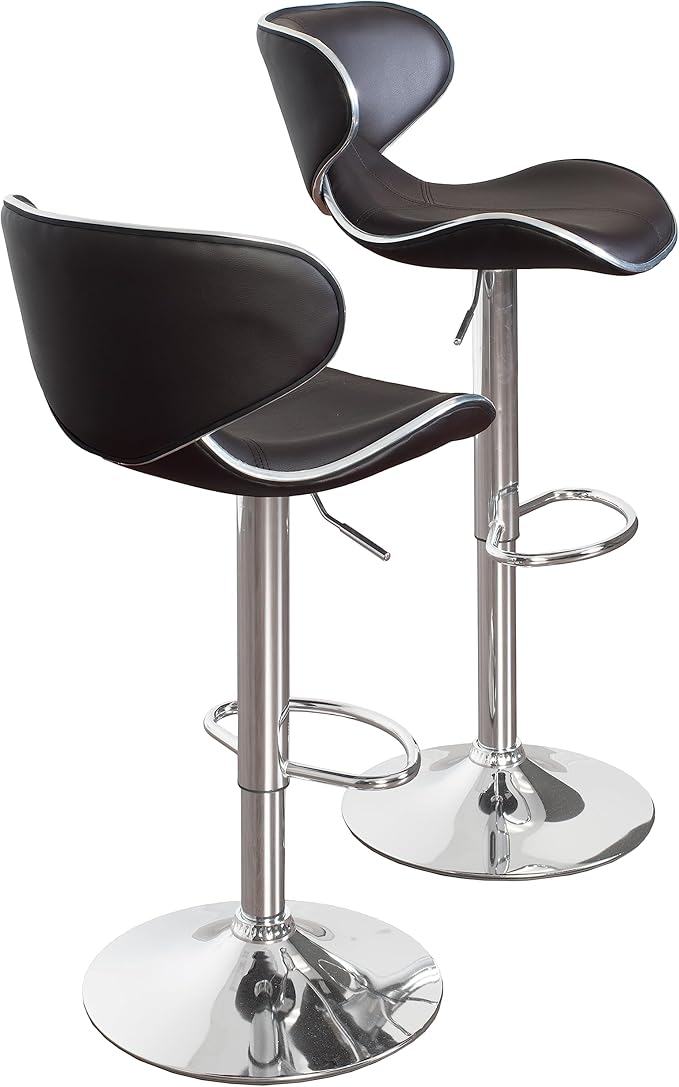 Roundhill Furniture Masaccio Cushioned Leatherette Upholstery Airlift Adjustable Swivel Barstool with Chrome Base, Set of 2, Brown
