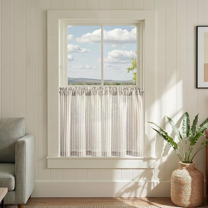 jinchan Striped Linen Kitchen Curtains 24 Inches Tier Curtains Farmhouse Modern Cafe Style Small Window Treatments Airy Light Filtering Rod Pocket for Living Room Bathroom 2 Panels Taupe Grey