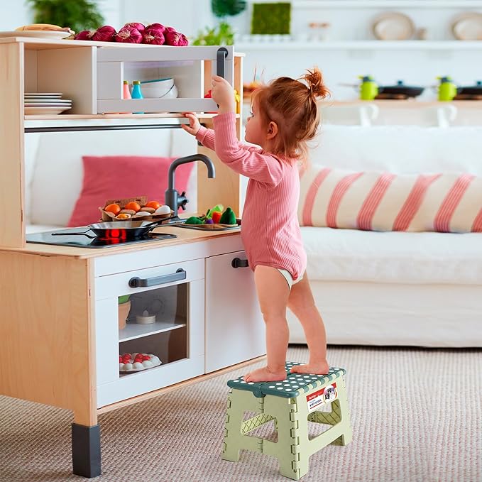 ACSTEP 9 Inch Folding Step Stool 300 LB Capacity Plastic Foldable Step Stools for Kids and Adults, Folding Stool Suitable for Kitchen, Stepping Stool with Handle Bicolor Green Small Step Stool 1PC