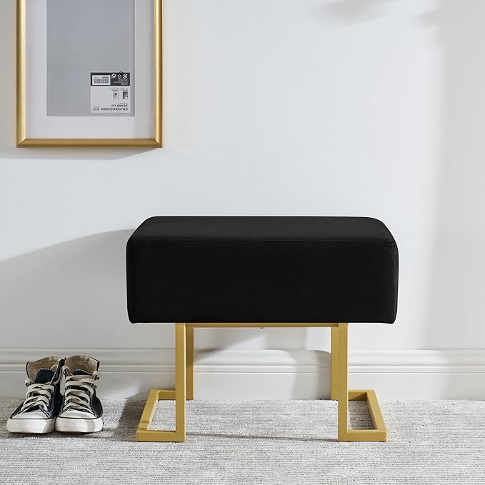 Modern Style Bedroom Single Seat Bench, Cushioned Bed end Stool, Living Room Sofa Stool, Footstool with Golden Iron Legs, Suitable for Bedroom and Living Room (Black, 21.65"x15.74"X16.53")