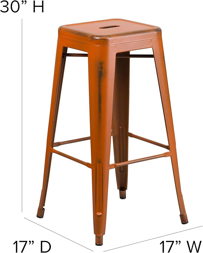Flash Furniture Kai Commercial Grade 30" High Backless Distressed Orange Metal Indoor-Outdoor Barstool