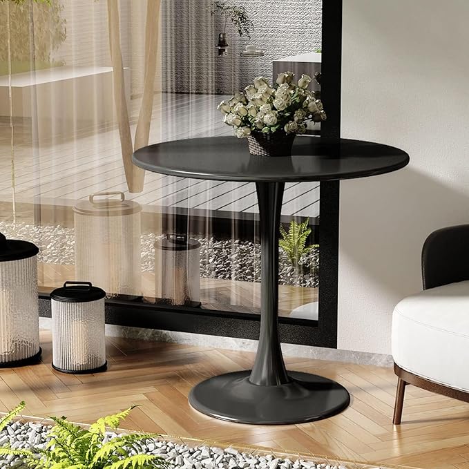 TulipTable for 2-4 Persons Modern Round Dining Room Table, 31.5" Mid-Century Modern Black Small Kitchen Table with MDF Wooden Top, Leisure Coffee Table for Living Room, Dining Room, Office