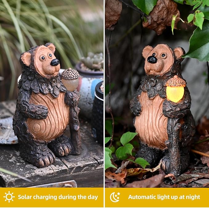 Bear Garden Figurines Outdoor Decor Solar Statue with LED Lights for Patio Lawn Yard Art Decoration Housewarming Garden Gift
