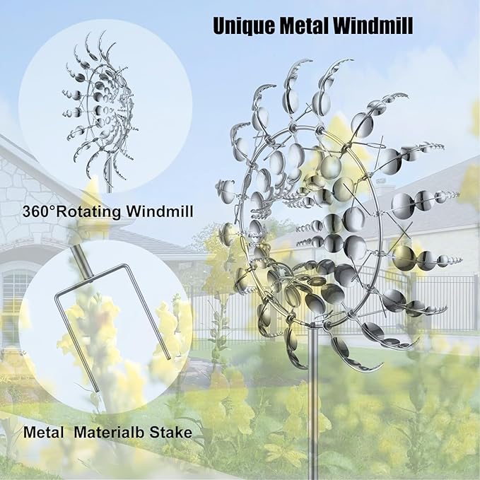 Windmill for Yard and Garden,Wind Spinner,Magical Metal Windmill, 3D Wind Powered Kinetic Sculpture, Dual-Tiered Opposite-Directional Rotation, Stainless Steel Wind Spinners (Silver)