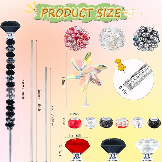 148 PCS Beaded Garden Stakes Kit, DIY Fairy Wand Garden Stake Beads Kits with Assortment Large Hole Beads 6 Crystal Stopper Top Threaded Rods and 3 Colored Small Windmills for Outdoor Indoor Decor
