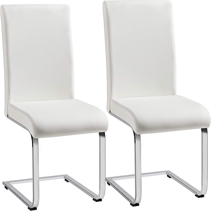 Yaheetech Dining Chairs Set of 2 Modern Faux Leather Upholstered Dining Room Chairs with High Back and Metal Chrome Legs for Kitchen/Living Room/Restaurant, White