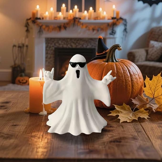 1 Pcs Halloween Ghost Figurine Cute Ghost Decor,with Sunglasses Design Funny Rock Spooky Resin Statue Cool Gestures Cute Sculpture for Halloween Tabletop Porch Party Decoration