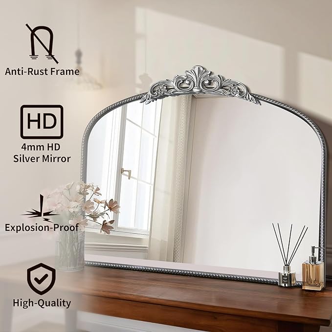 Micasso Vintage Ornate Baroque Mirror, 29" x 36" Large Silver Arched Wall Mirror for Bathroom, Living Room, Fireplace, and Bedroom