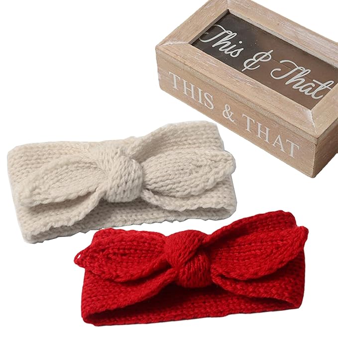 IZUS Turban Headband Baby Girl - Warm Rabbit Knot Hair Band, Knit Head Wrap for Newborn, Toddler and Children (Red + Beige)